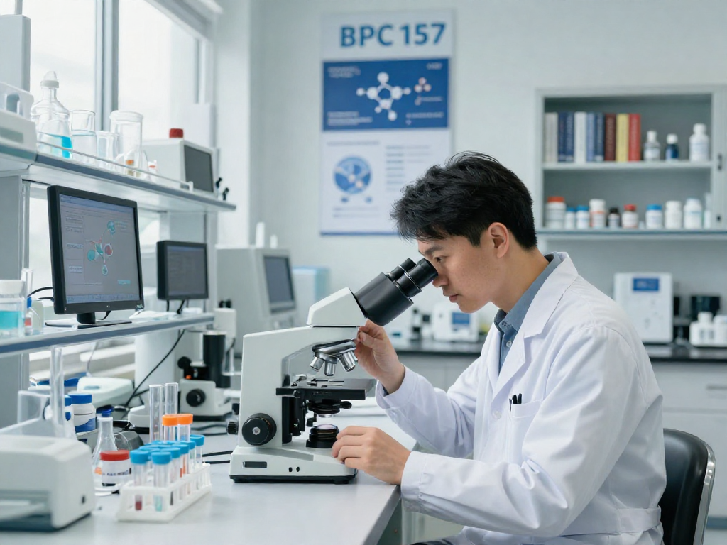 BPC 157 benefits analyzed under a microscope in a modern lab setting.