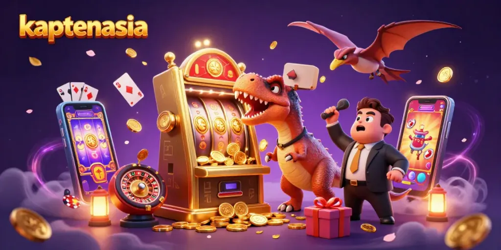 kaptenasia shows a whimsical dinosaur headbutting a slot machine amid flowing coins and casino elements