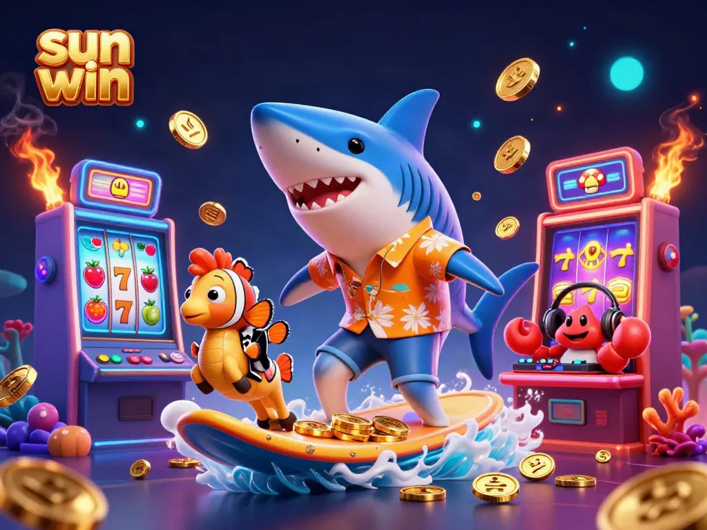 Experience the thrill of sun win with vibrant characters and dynamic slot machine elements in a lively casino scene.