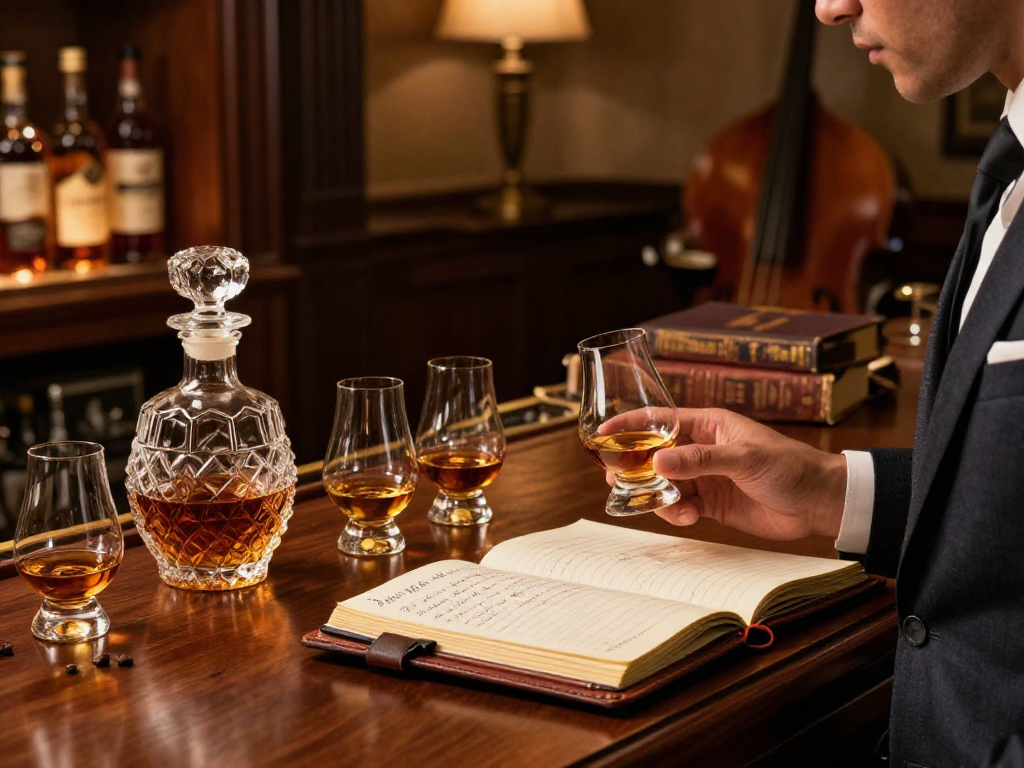Connoisseur enjoying Blanton's Single Barrel Bourbon in a luxurious home bar with tasting notes and refined ambiance.