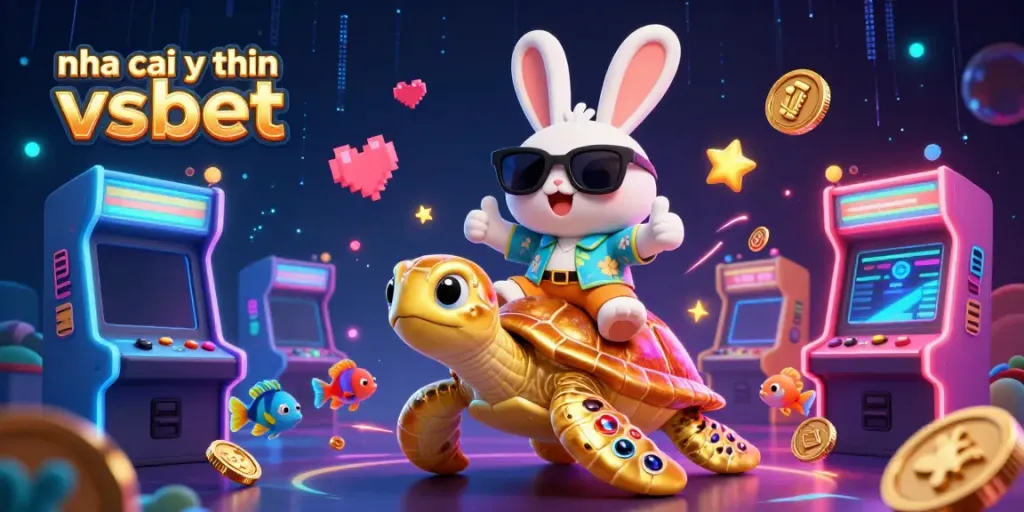 Engaging 3D cartoon scene showcasing nha cai uy tin vsbet with a lucky rabbit and golden turtle amidst casino elements.