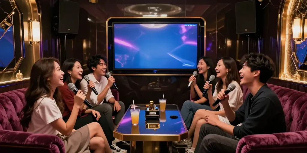 강남달토의 고급스러운 노래방에서 친구들이 즐거워하는 모습과 우아한 인테리어
