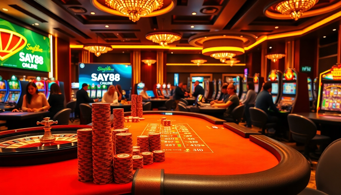 SAY88 casino scene capturing excitement, with vibrant gaming tables and players immersed in action.