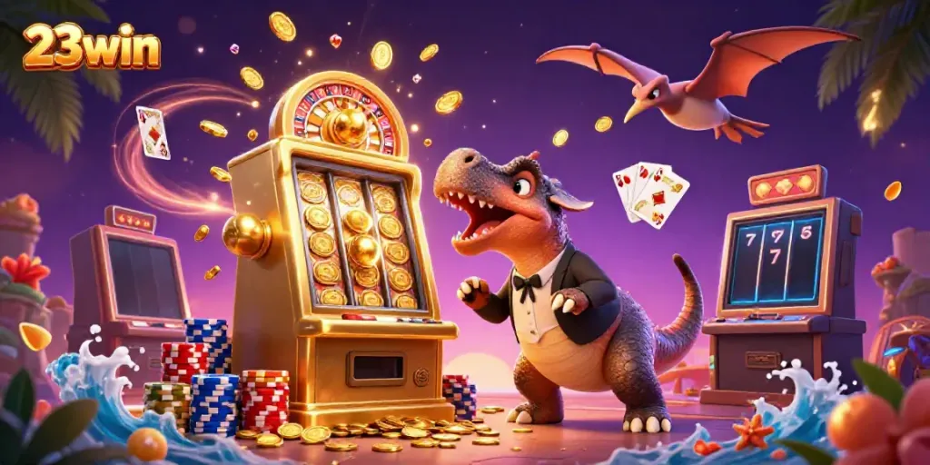 23win offers thrilling casino experiences with cartoon dinosaurs winning jackpot coins.