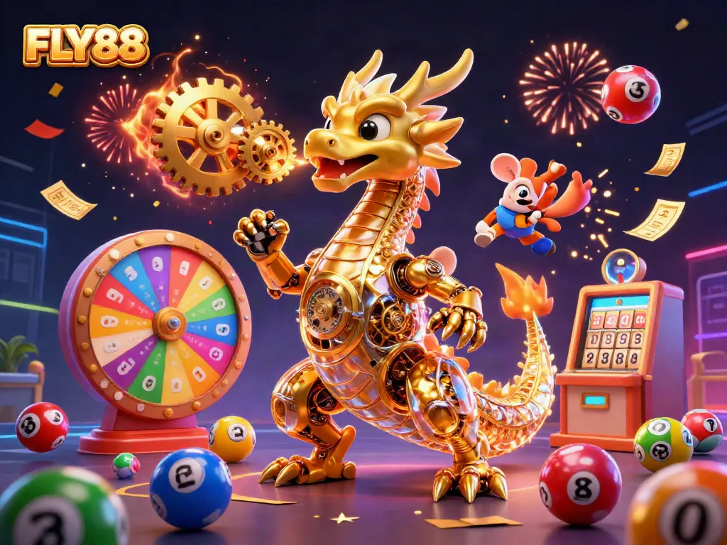 FLY88 showcases a dazzling 3D dragon breathing golden gears, among colorful gaming elements.