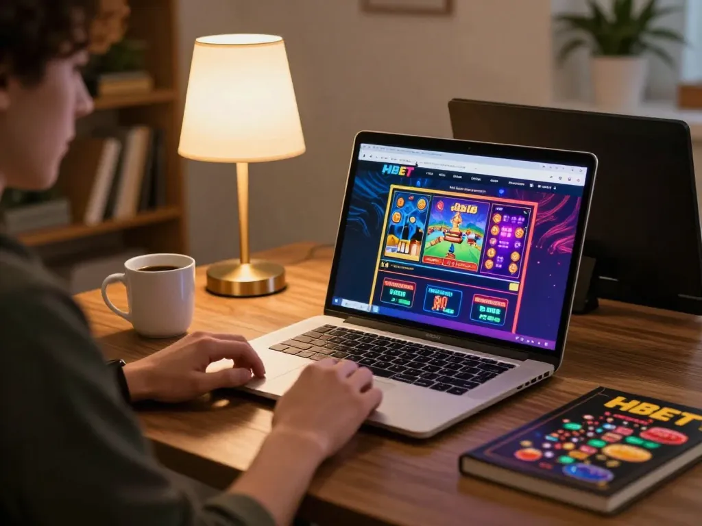 Engaged player experiencing HBET online gaming on laptop, showcasing responsible gambling atmosphere.