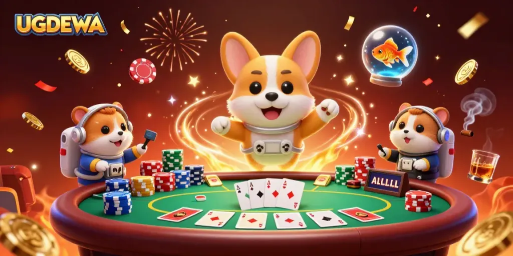 Experience thrilling gameplay with UGDEWA in this vibrant casino scene featuring colorful chips and characters.