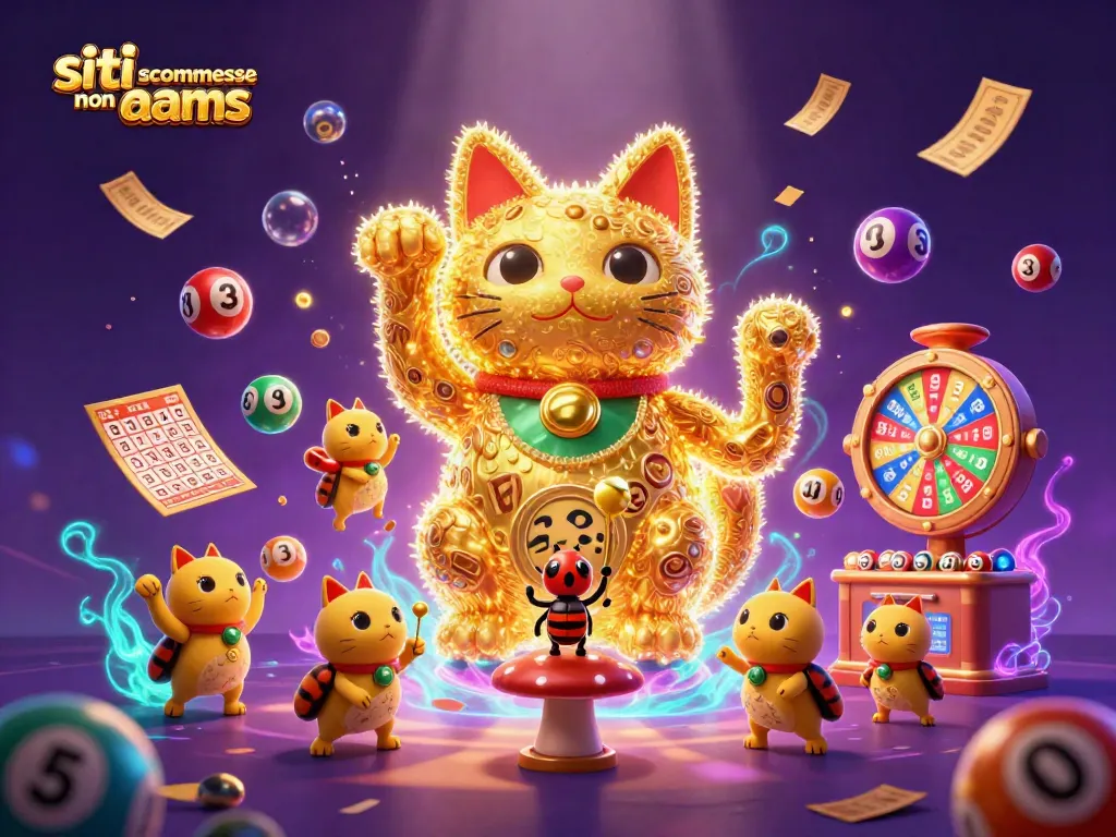 Scopri i migliori siti scommesse non AAMS con simboli di casinò e un gatto fortunato.