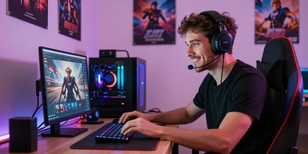 Engaged gamer immersed in manclub online gaming platform with stylish setup.