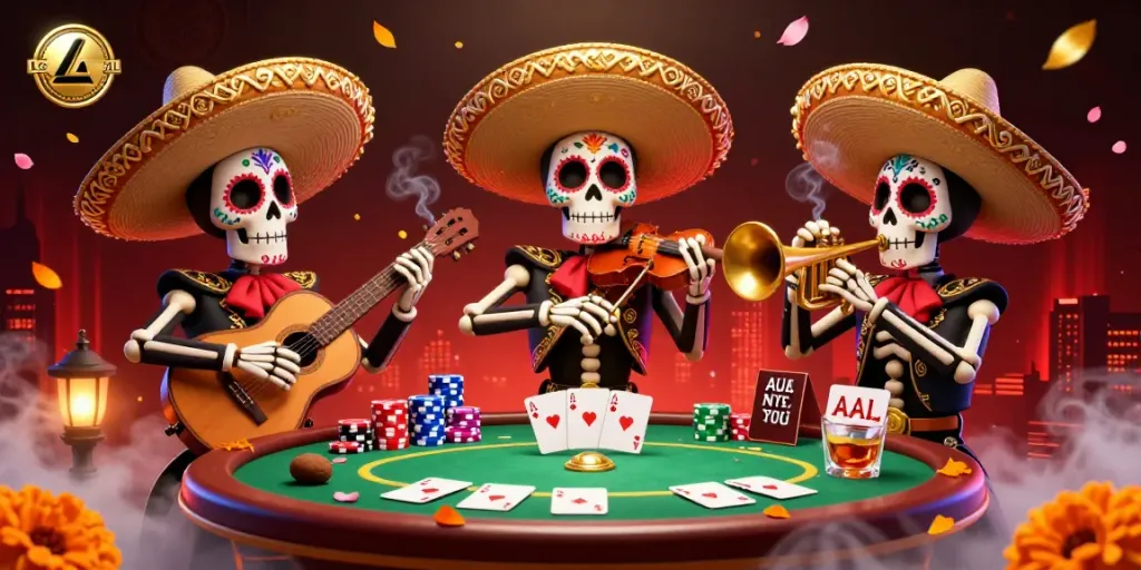Experience vibrant gaming with LGOGOAL's lively mariachi band playing poker in a dynamic casino scene.