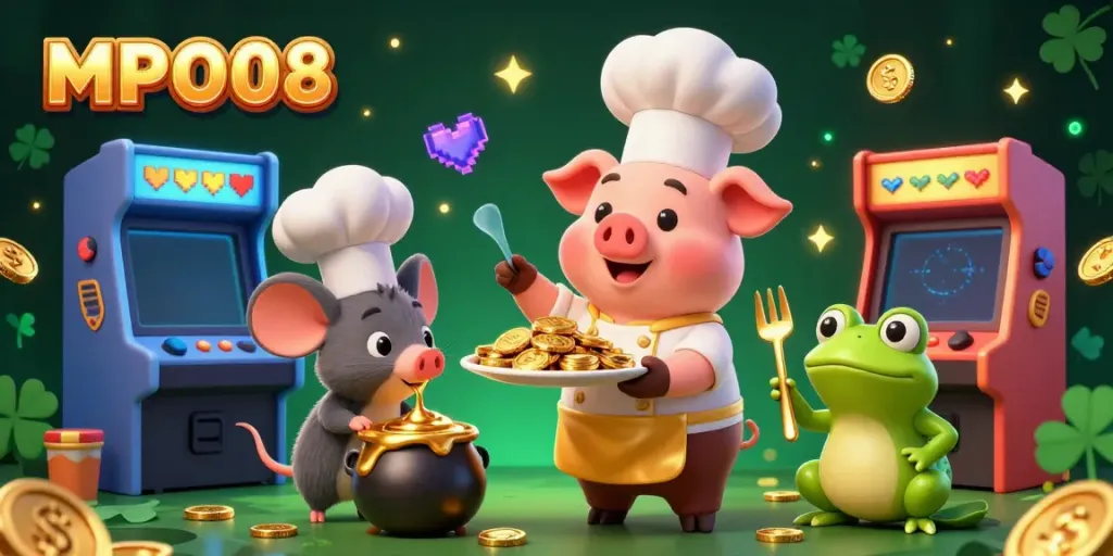 MPO08 showcases a vibrant scene with a chef pig, sous-chef mouse, and a critic frog amidst casino-themed gaming elements.