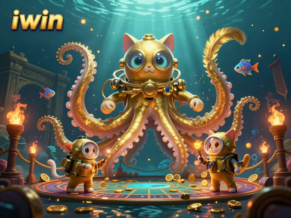 iwin games come alive with a kraken, diving cat, and deep-sea fish in a vibrant casino underwater scene