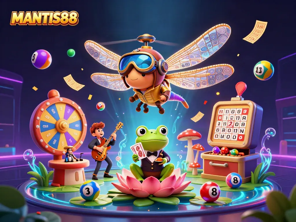 MANTIS88 offers a vibrant casino atmosphere with dragonfly pilot and frog dealer amidst lively gaming elements.