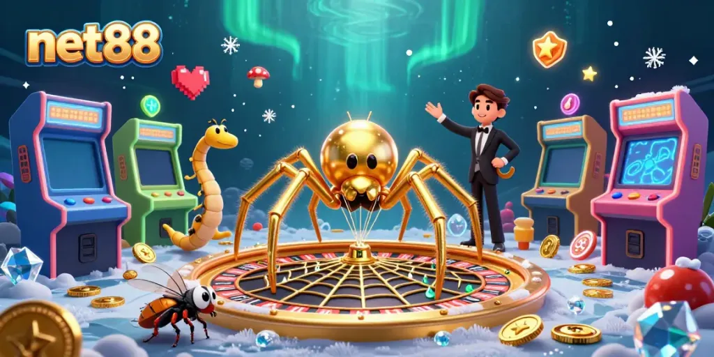 Experience thrilling bets at net88, featuring a spider and dynamic gambling elements creating a roulette-themed scene.