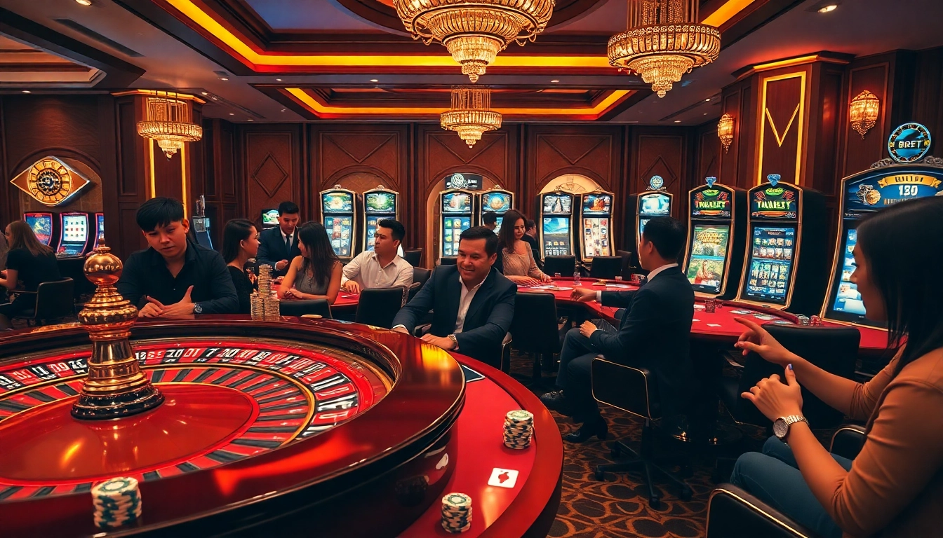 Experience the thrill of 8kbet in a luxurious casino setting featuring poker games and roulette tables.