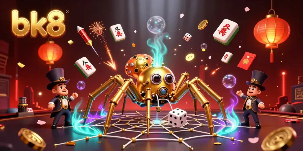 Experience the excitement at bk8 with a steampunk-themed 3D illustration featuring a golden spider and poker chips.