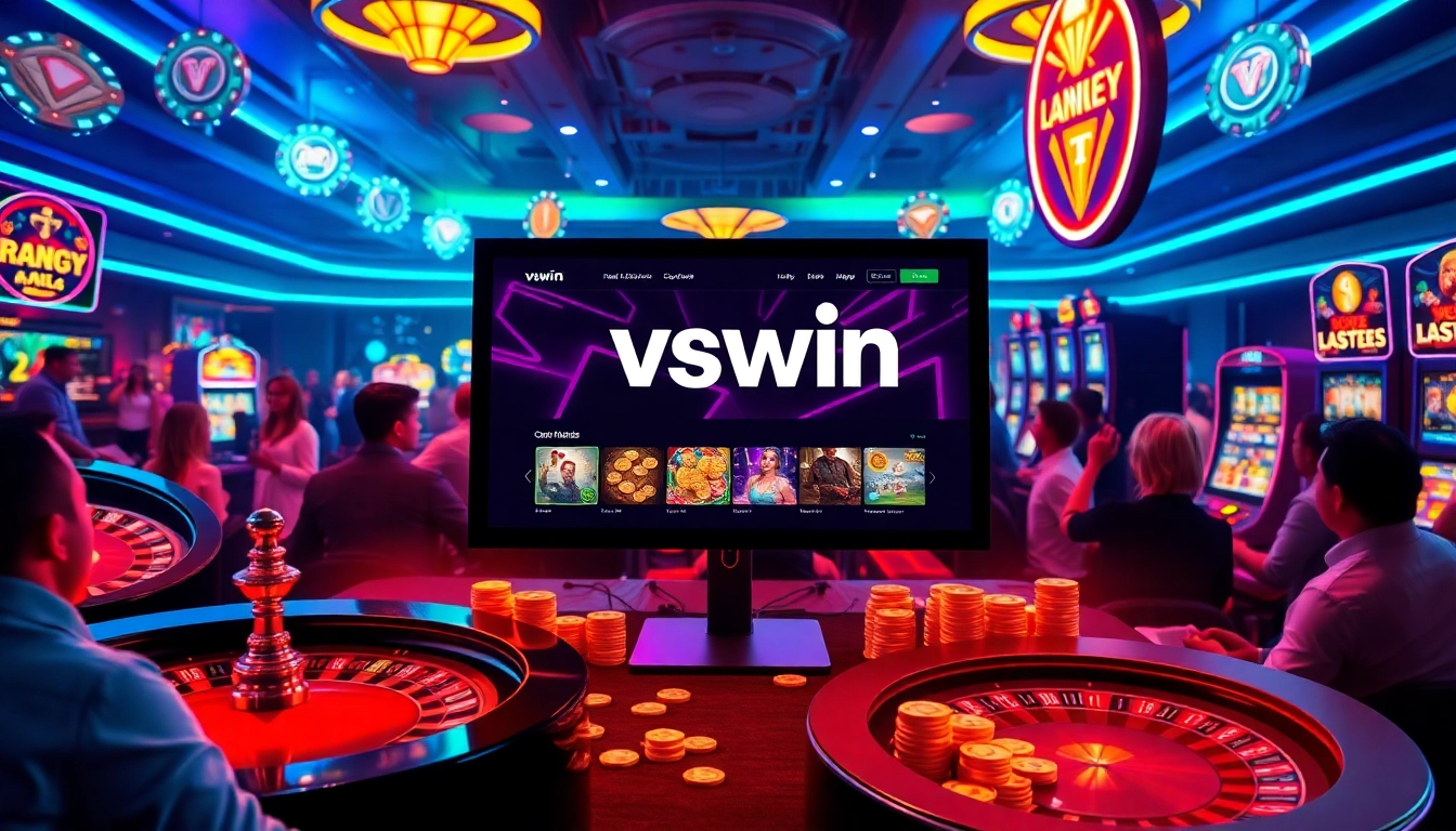 A dynamic casino scene showcasing the excitement of gambling on vswin with vibrant visuals, poker chips, and a roulette wheel.
