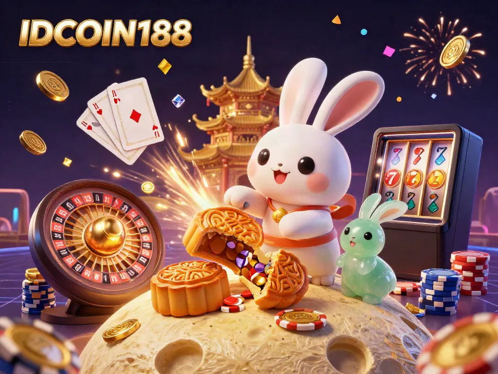 IDCOIN188 offers vibrant engagement with a moon rabbit cracking open mooncakes revealing poker chips in a dynamic casino scene.