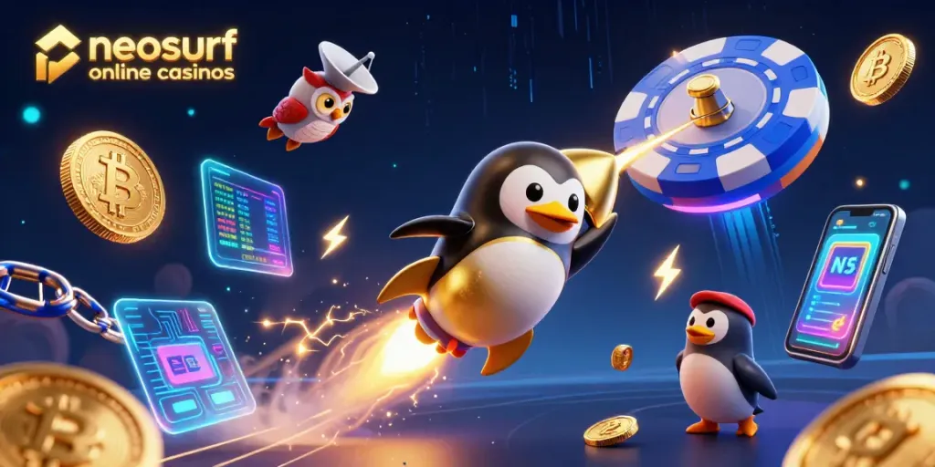 Play and win at neosurf online casinos with a vibrant 3D illustration of a golden penguin and crypto elements.
