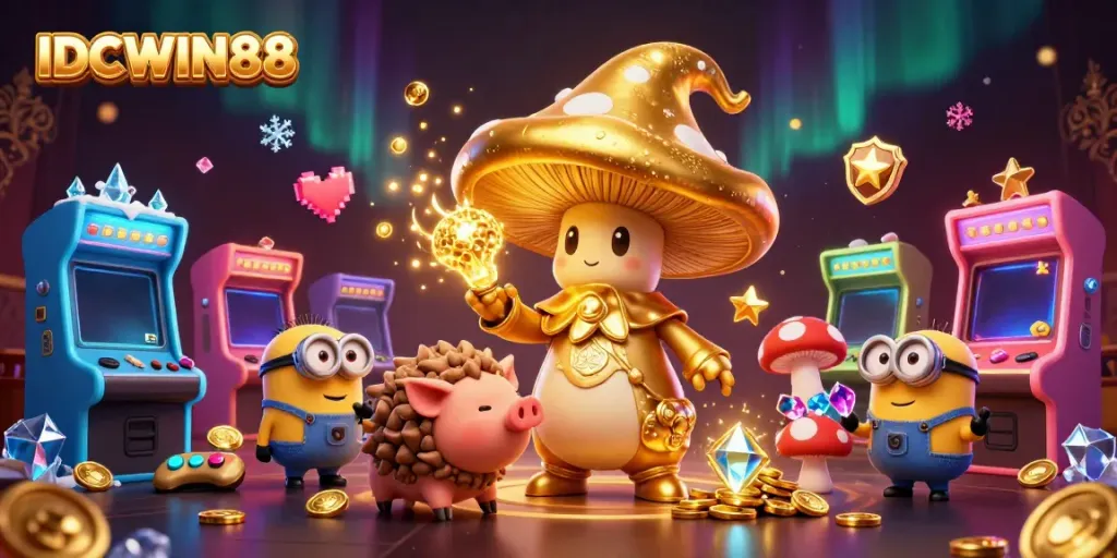 Engage with the golden magic and fun at IDCWIN88 as the wizard conjures winnings in a vibrant casino scene.