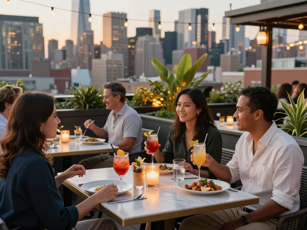 NoHu rooftop dining scene with guests enjoying cocktails and skyline views