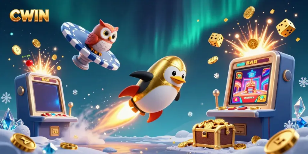 Experience thrilling jackpots at CWIN with a golden penguin navigating a colorful casino universe.