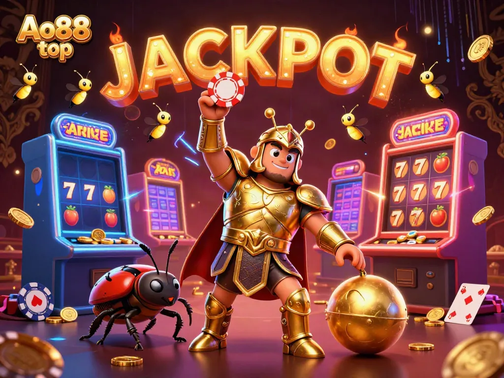 Winning at Ao88 top with a victorious beetle and vibrant casino environment