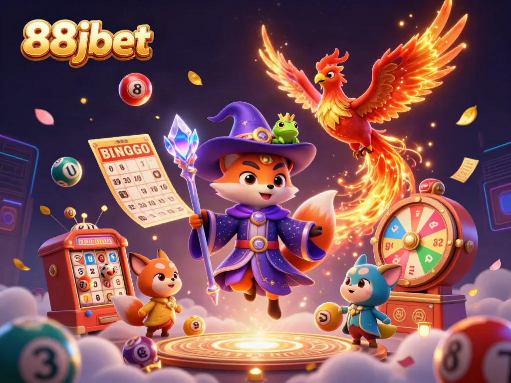 Engage with 88jbet through this magical illustration of a wizard fox and phoenix in a vibrant casino lottery scene.