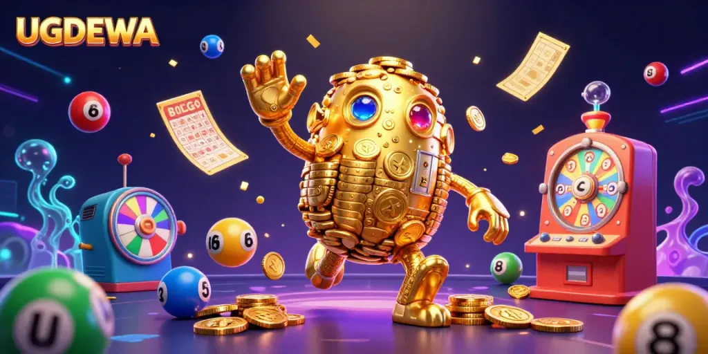 Engaging UGDEWA scene with a golden golem and colorful lottery elements creating a dynamic gambling experience.