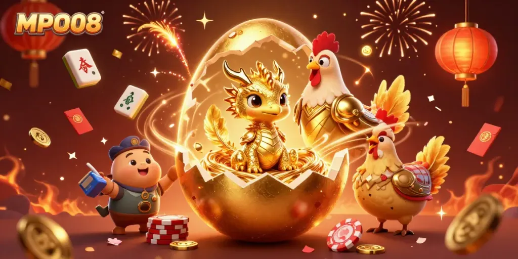 Experience MPO08’s vibrant casino scene with a golden dragon and poker chips flourishing