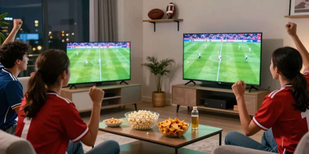 Friends watching football on a big screen, capturing the excitement of gavangtv.study.