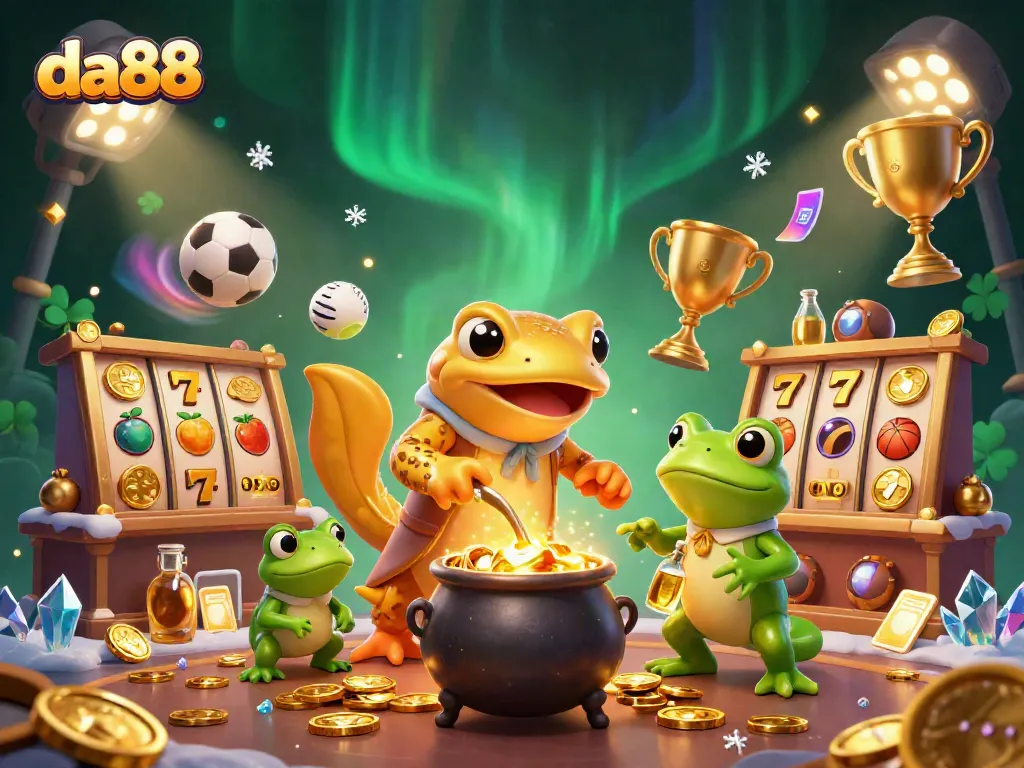 Experience the enchanting DA88 casino scene with a golden salamander alchemist and dynamic slot game elements.