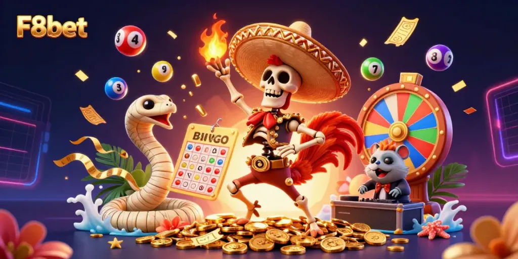 Experience F8bet’s vibrant world with a jubilant rooster, mummy snake, and DJ hamster amidst a dynamic casino celebration.