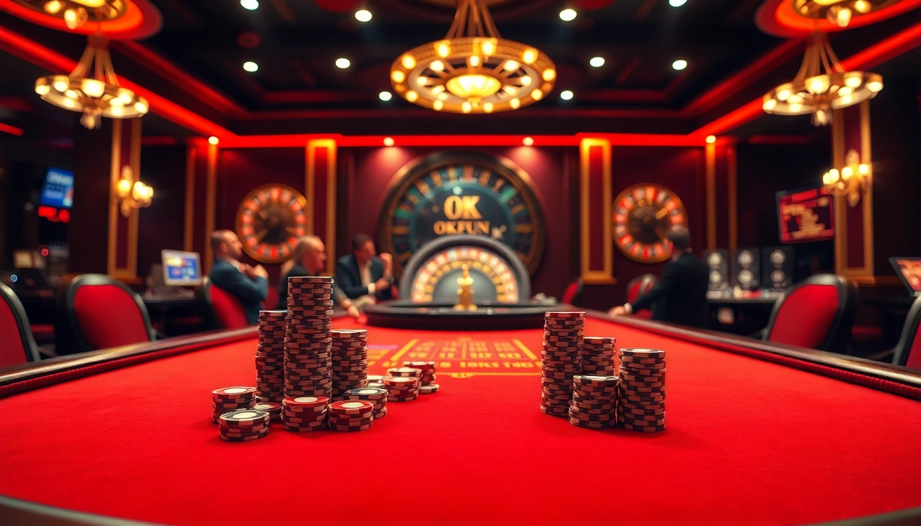 Experience high-stakes gambling at OKFUN's luxurious poker table illuminated by vibrant casino lights.