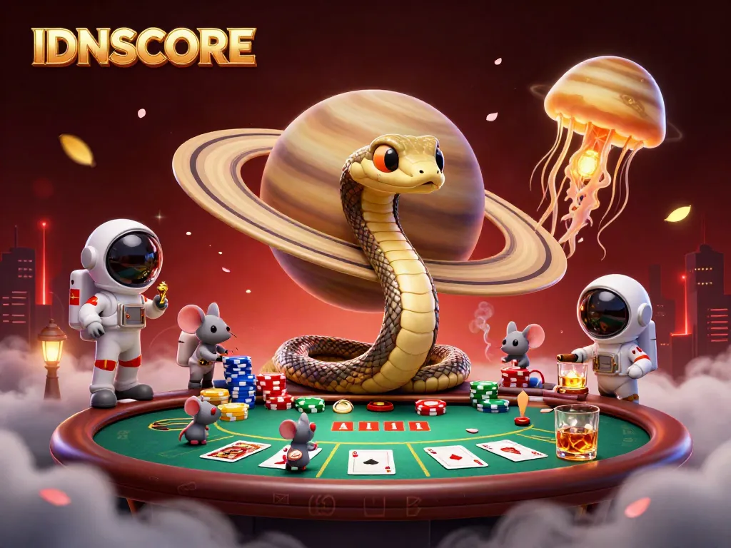 Engage with IDNSCORE as astronaut mice place bets on a cosmic roulette wheel, highlighting online gaming fun.