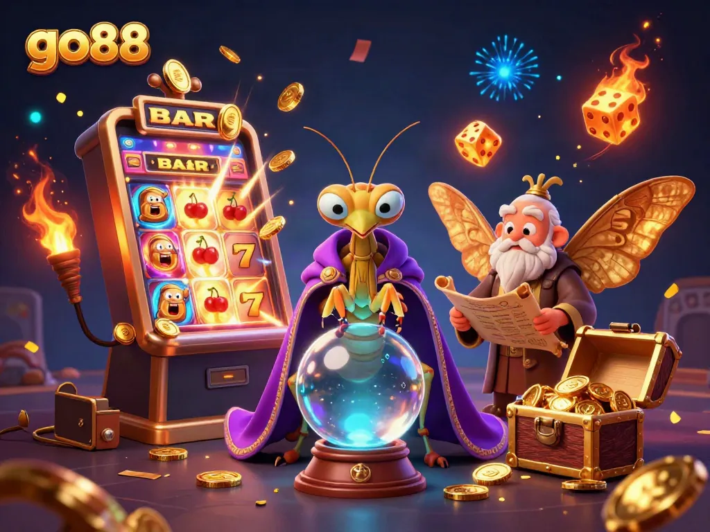 Engage with go88's mystical experience featuring fortune tellers, slot machines, and vibrant casino gameplay