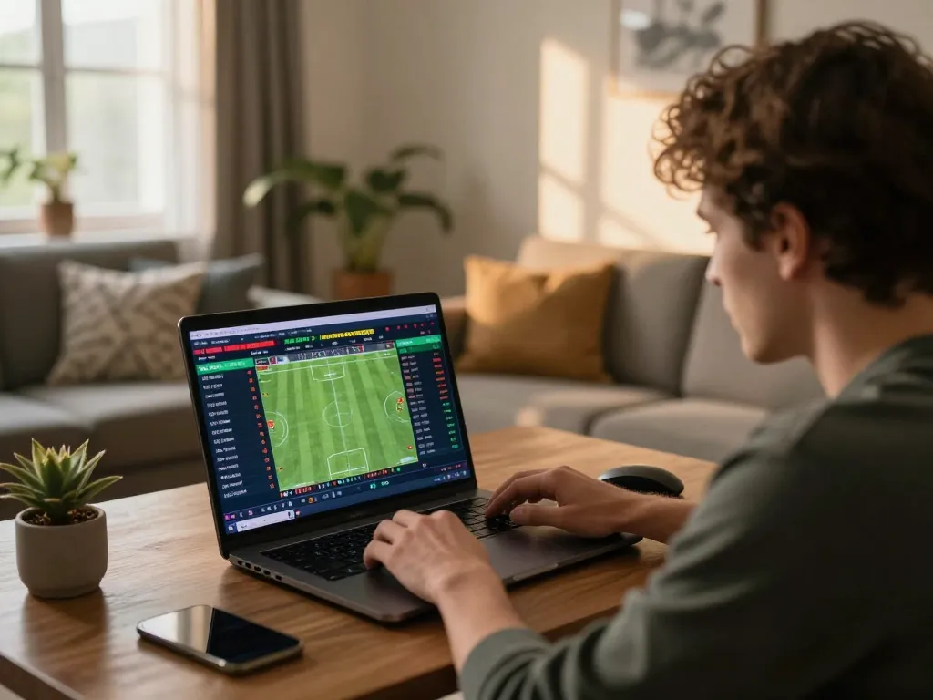 Engaging in sports betting on https://www.mnm88.com/ from a cozy home setup with laptop screen displaying live odds