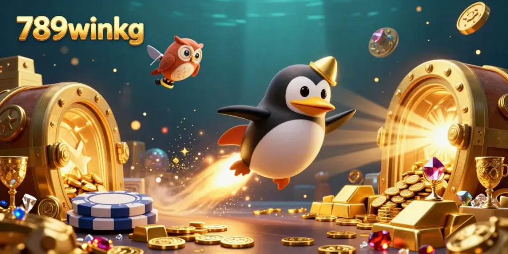 Engage with 789winkg as the rocket-powered penguin blasts toward a cosmic casino filled with treasure.