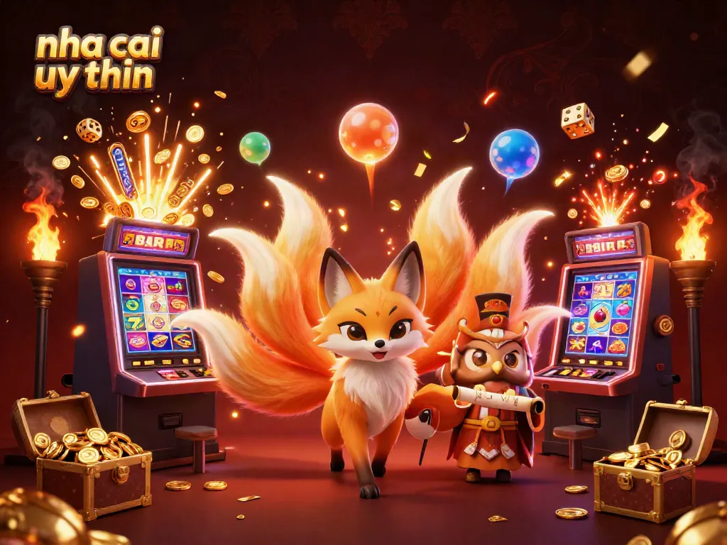 Spin and win at nha cai uy tin as the nine-tailed fox celebrates a jackpot explosion with golden coins and vibrant colors.