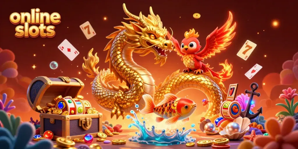 Experience thrilling online slots with a dynamic scene of a golden dragon, a phoenix, and a koi fish amidst spinning reels and riches.