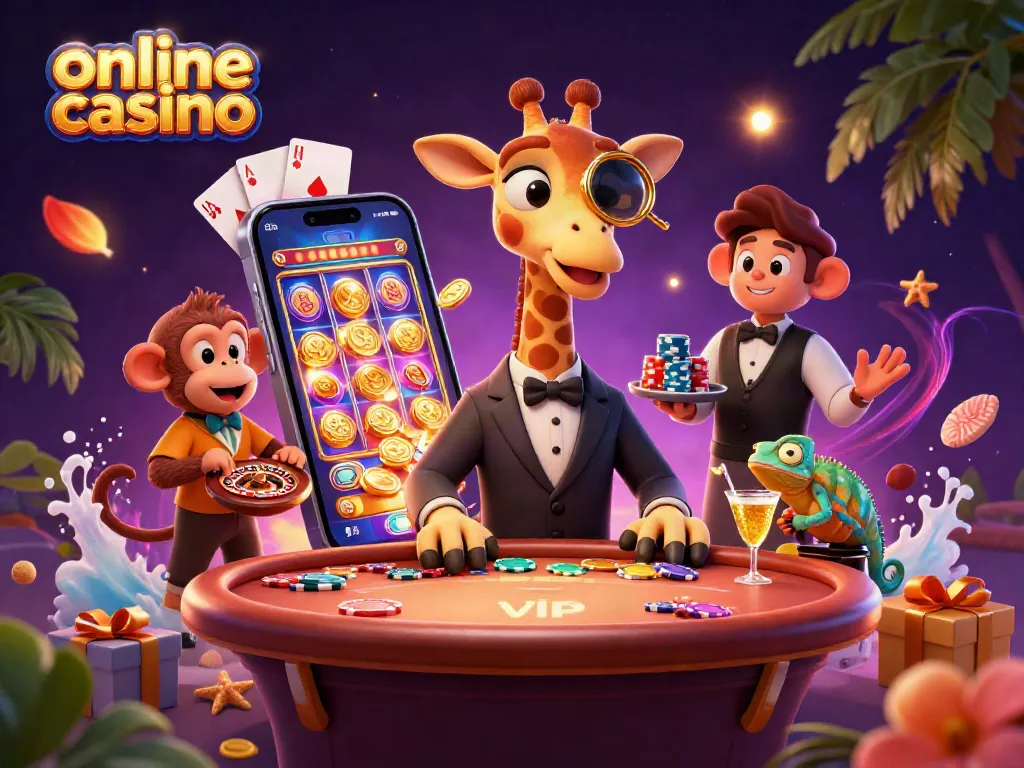 ¡Disfruta el emocionante mundo de los juegos en un casino online con una jirafa apostadora y sus amigos!