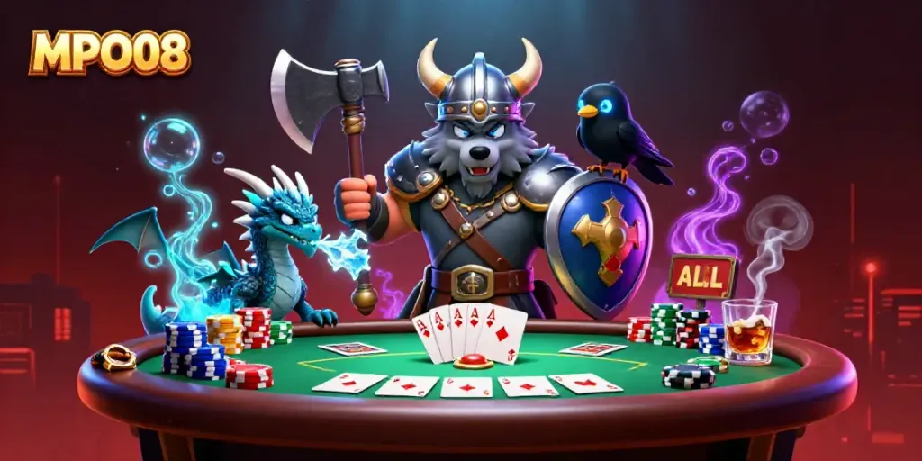 Engage in dynamic casino action with MPO08, featuring a Viking warrior and poker elements.