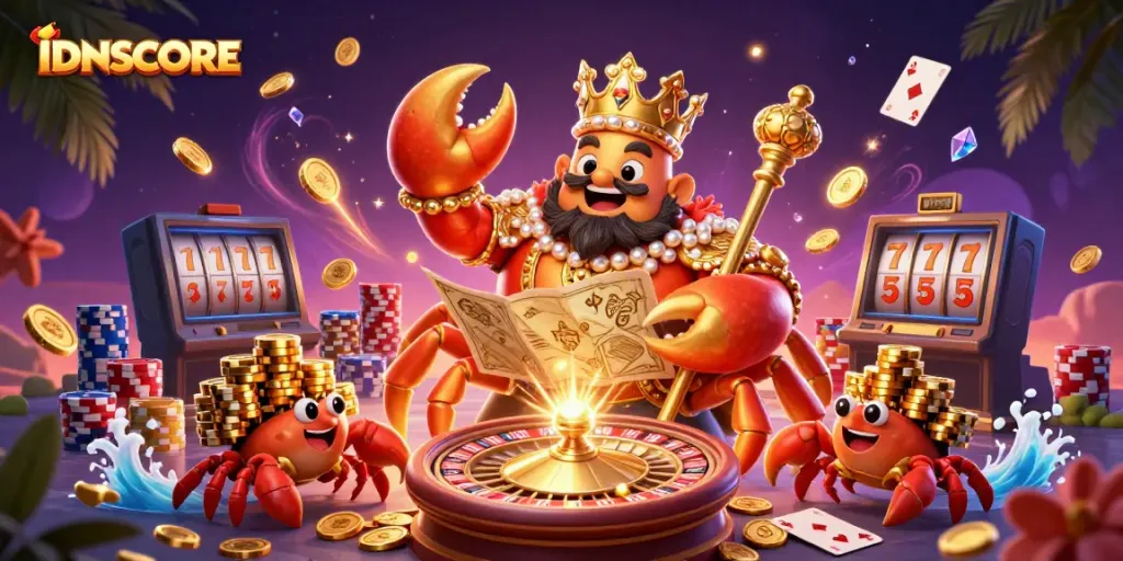 Experience the thrills of IDNSCORE with a vibrant casino scene featuring a golden crab emperor and luxurious gaming elements.