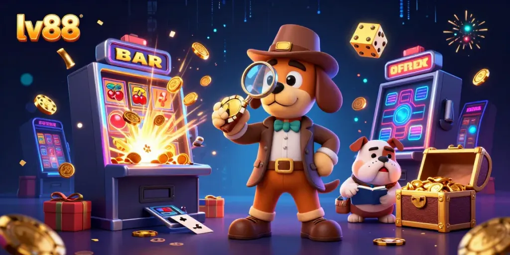 Catch the excitement at lv88 with a detective and bulldog revealing jackpot treasures in a vibrant casino.