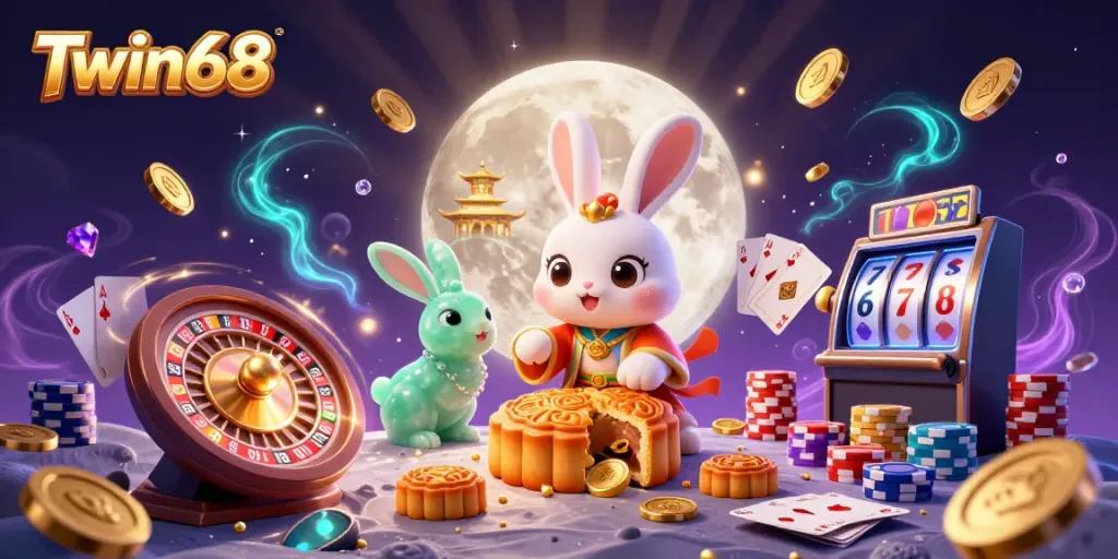 Engaging 3D depiction of Twin68 featuring a moon rabbit with poker chips and casino elements.