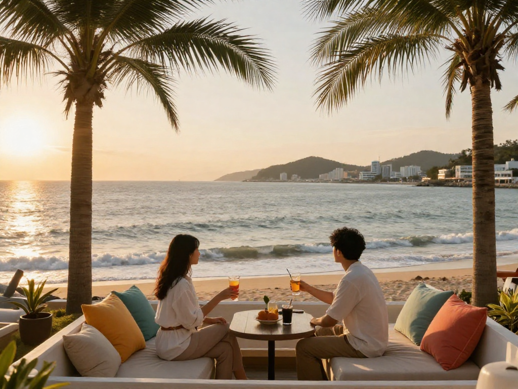 Experience 여수op with a couple enjoying a serene ocean view at sunset, perfect for romantic relaxation.