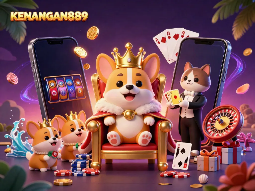 Experience the thrill of KENANGAN889 with vibrant slot games as royal corgis invite you to play.