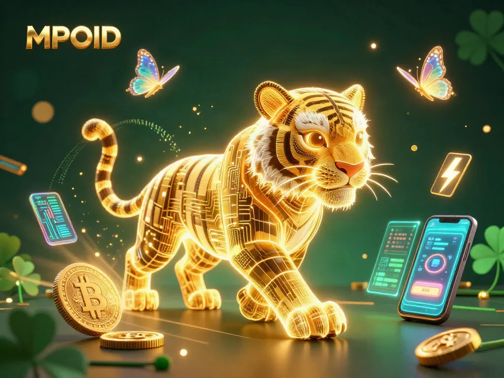 MPOID offers a vibrant 3D digital casino experience with a glowing golden tiger navigating through crypto elements.