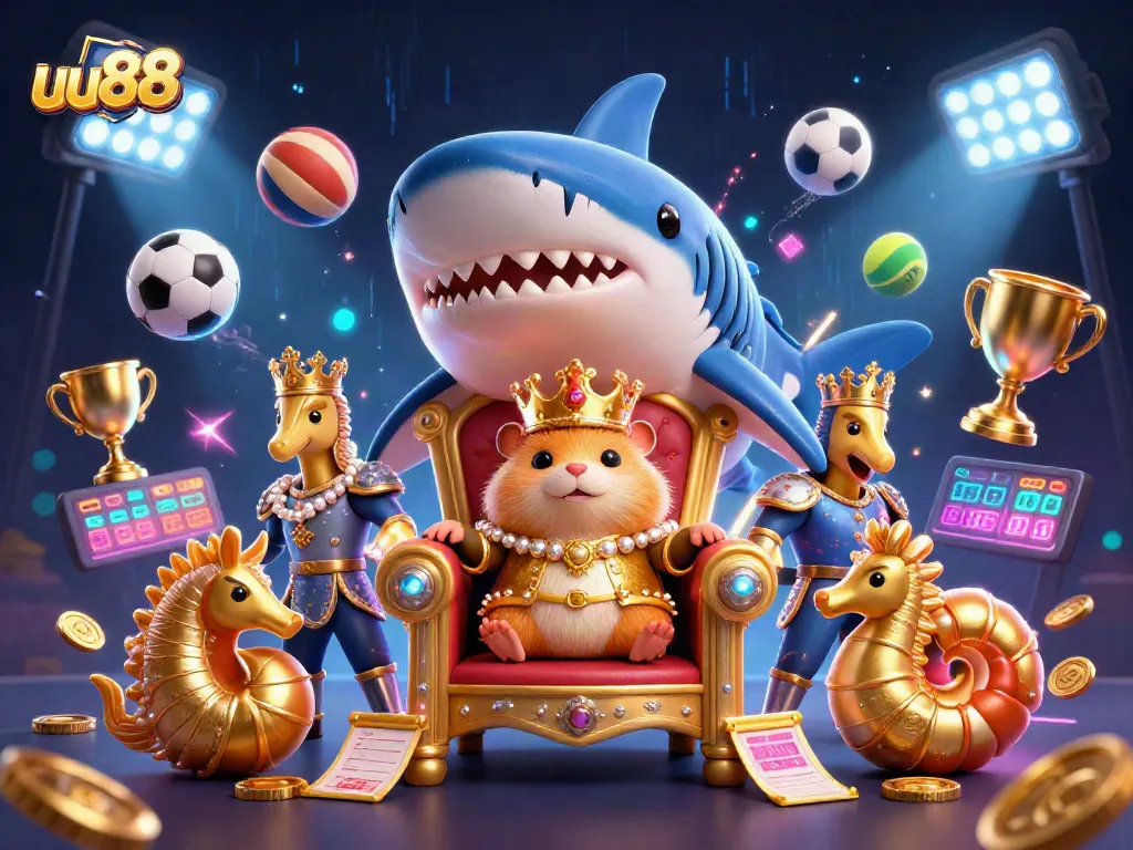 uu88 showcases a fierce hamster king in a casino-themed spectacular 3D scene filled with dynamic sports elements.