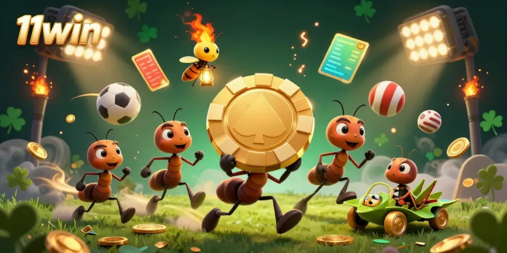 Experience the thrill of winning with 11win's dazzling gaming adventure featuring golden poker chips and vibrant sports elements.